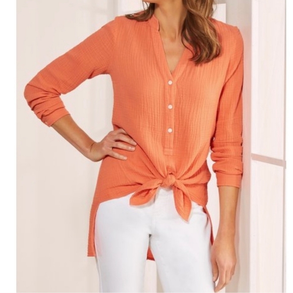 Soft Surroundings Tops - SOFT SURROUNDINGS Sea Breeze Gauze Cotton Front Tie Tunic Top Orange